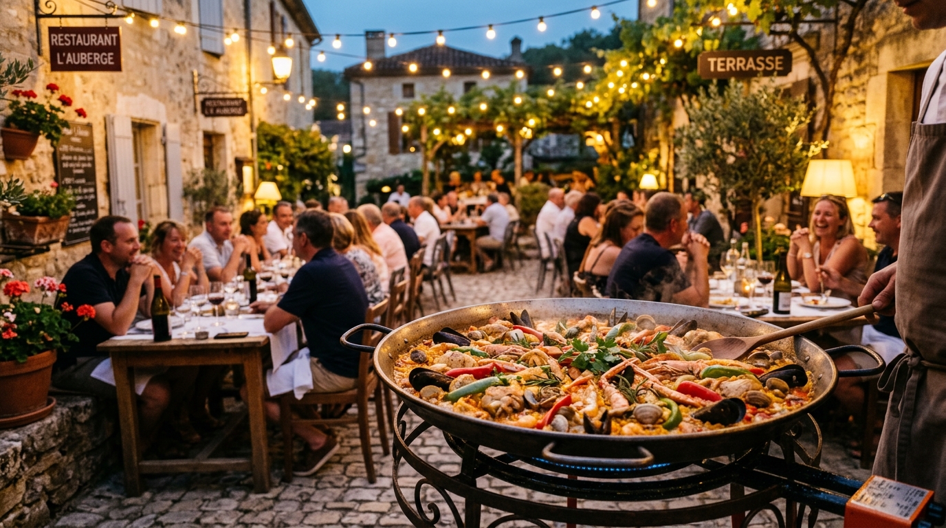 Grande paella conviviale partagée en terrasse